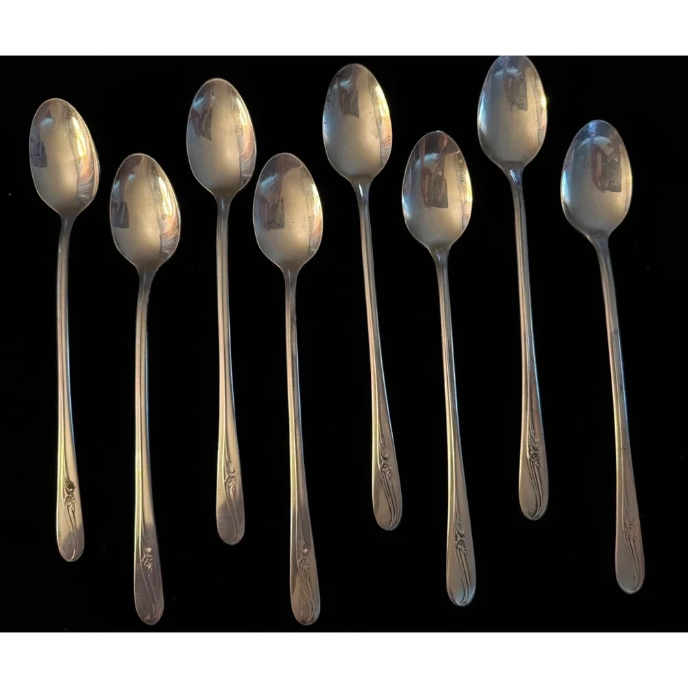 Vtg Silverplated Iced Tea Spoons Lot Of 8 H & T Mfg Co Meadow Flower 1940